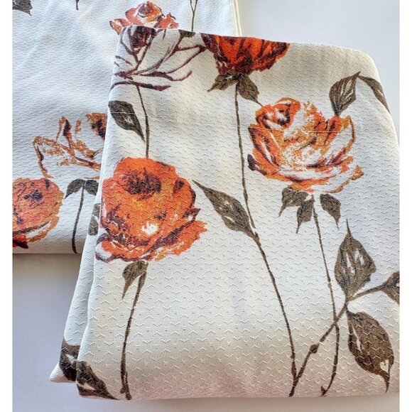 Vintage 1970s cream curtain, large orange roses, long stems, pleated, per panel - Picture 7 of 10